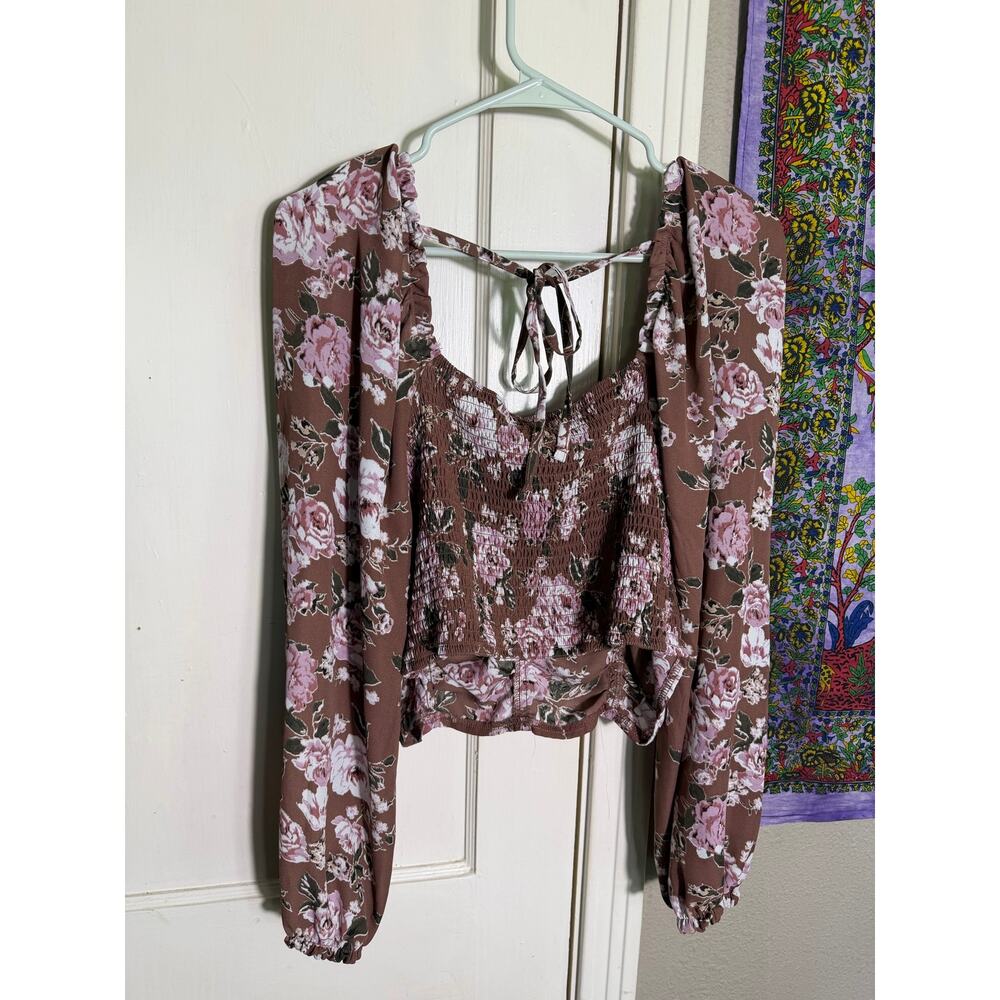 Madden NYC 3X Floral Corset Top Brown Pink Ruched Bustier Long Sleeve Blouse - Picture 7 of 10